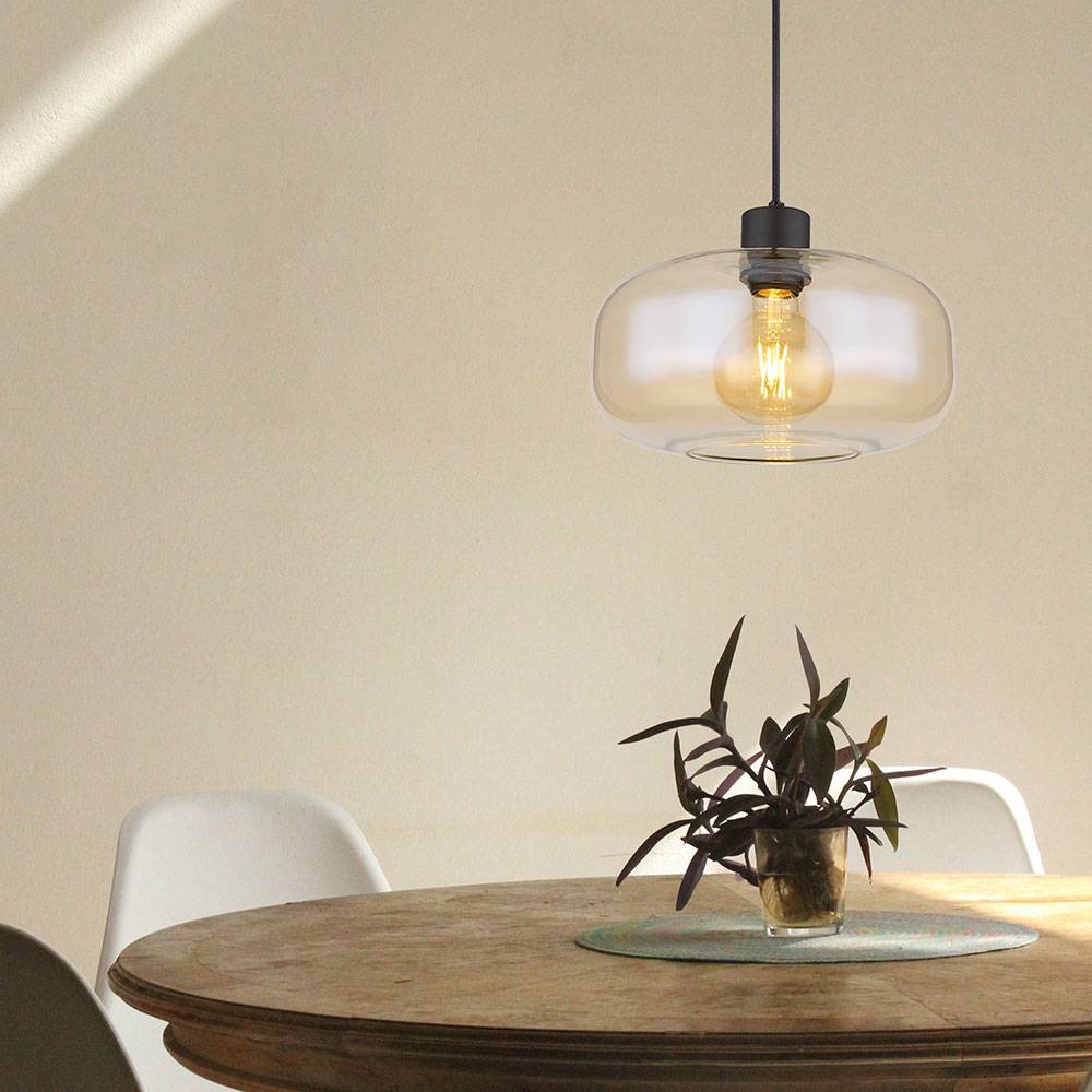Pendellampe Hängelampe Wohnzimmerleuchte amber Esstischlampe modern bauchiger Glasschirm, Metall schwarz matt, 1x E27 Fassung, DxH 28x120 cm