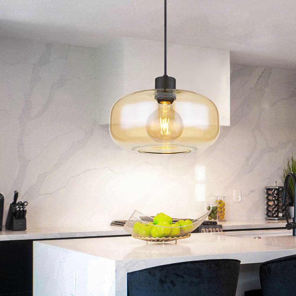 Hängelampe Wohnzimmerleuchte amber Esstischlampe modern Pendellampe, bauchiger Glasschirm, Metall schwarz matt, 1x E27 Fassung, DxH 28x120 cm