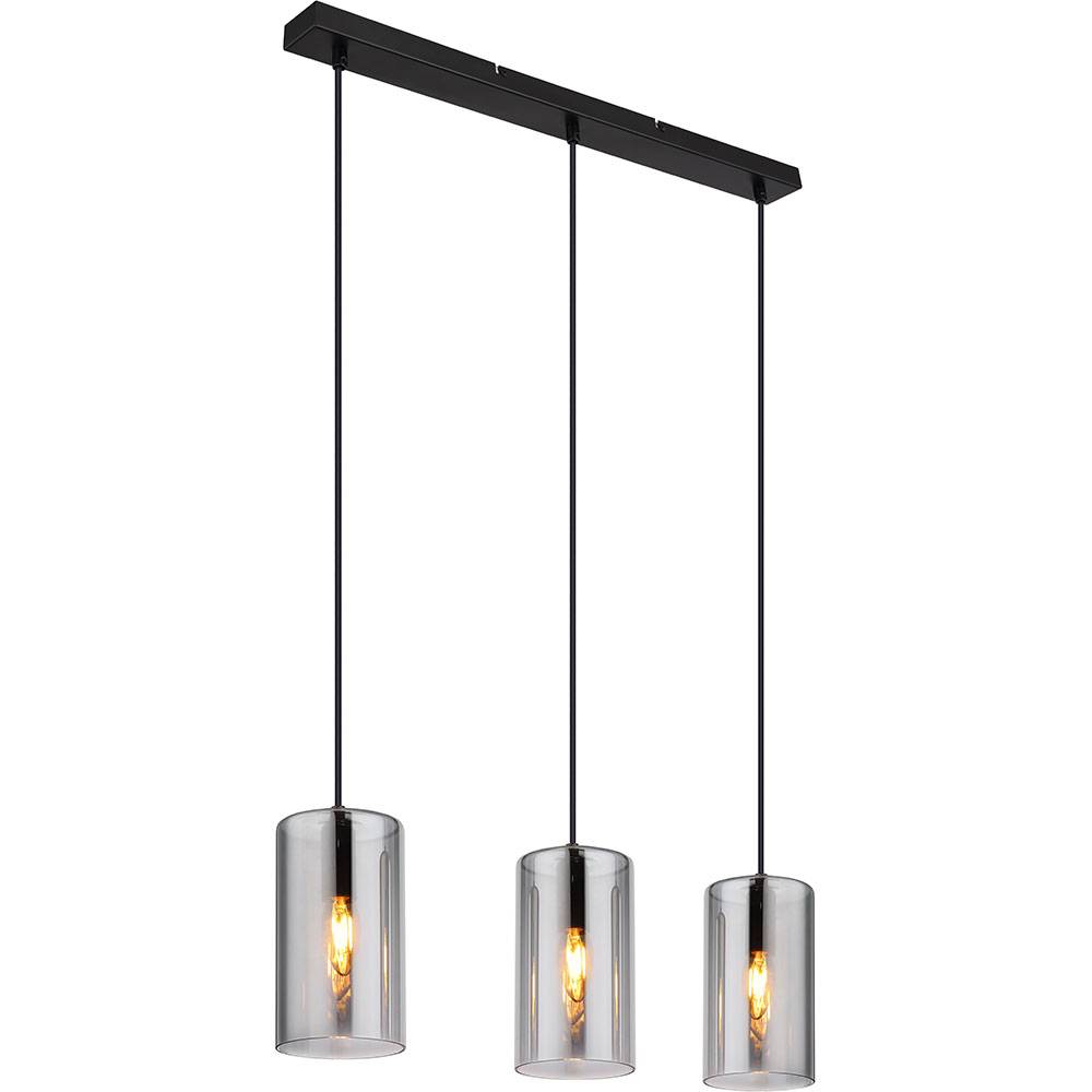 Pendelleuchte Hängelampe Deckenleuchte Esstischlampe, Metall schwarz Glas Rauchfarben, 3 Flammig E14 25W, H 120 cm