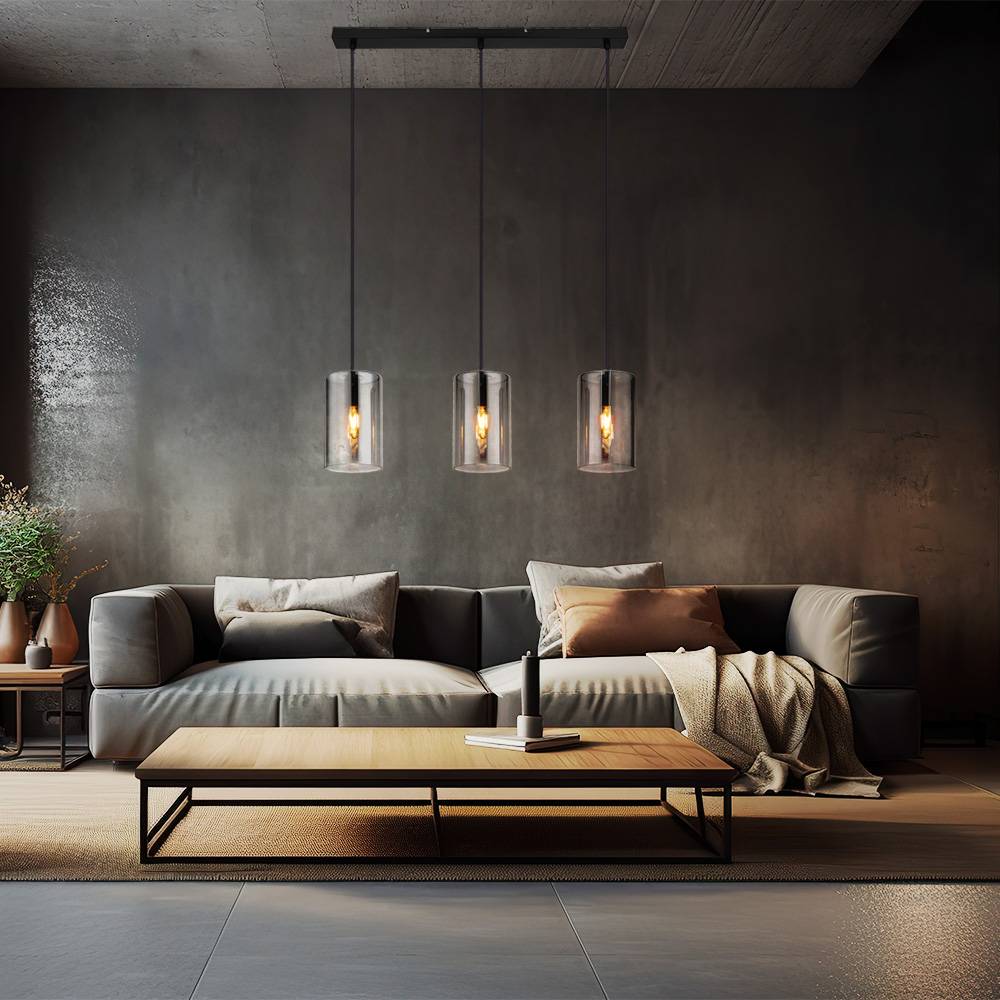 Pendelleuchte Hängelampe Deckenleuchte Esstischlampe, Metall schwarz Glas Rauchfarben, 3 Flammig E14 25W, H 120 cm