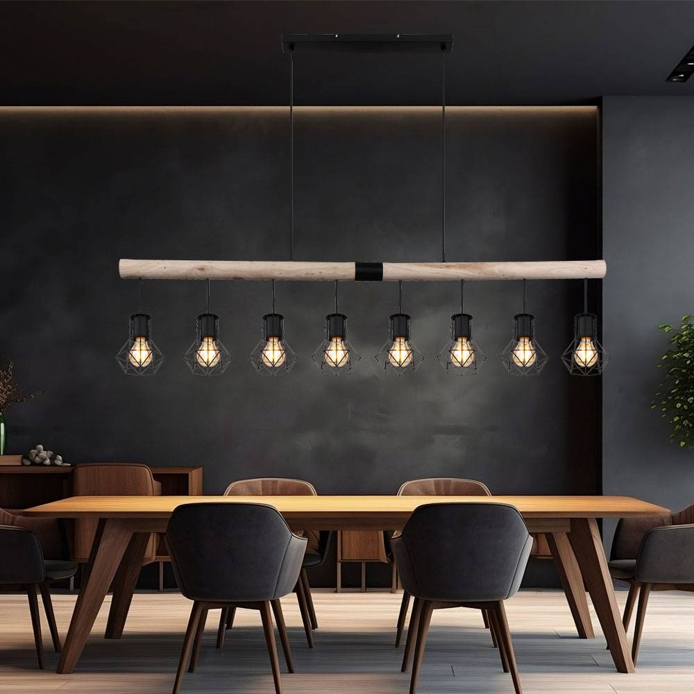 Hängeleuchte Holzbalken Pendelleuchte Käfigschirme schwarz Esszimmerleuchte Holz, Metall, 8x E27 Fassung, LxBxH 140x13,3x120 cm
