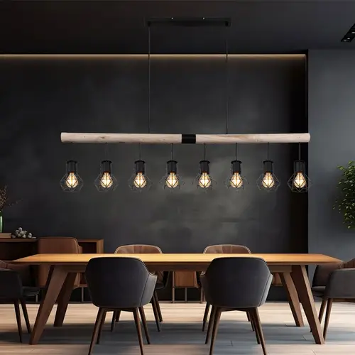 Hängeleuchte Holzbalken Pendelleuchte Käfigschirme schwarz Esszimmerleuchte Holz, Metall, 8x E27 Fassung, LxBxH 140x13,3x120 cm Hängeleuchte Holzbalken Pendelleuchte Käfigschirme schwarz Esszimmerleuchte Holz, Metall, 8x E27 Fassung, LxBxH 140x13,3x120 cm