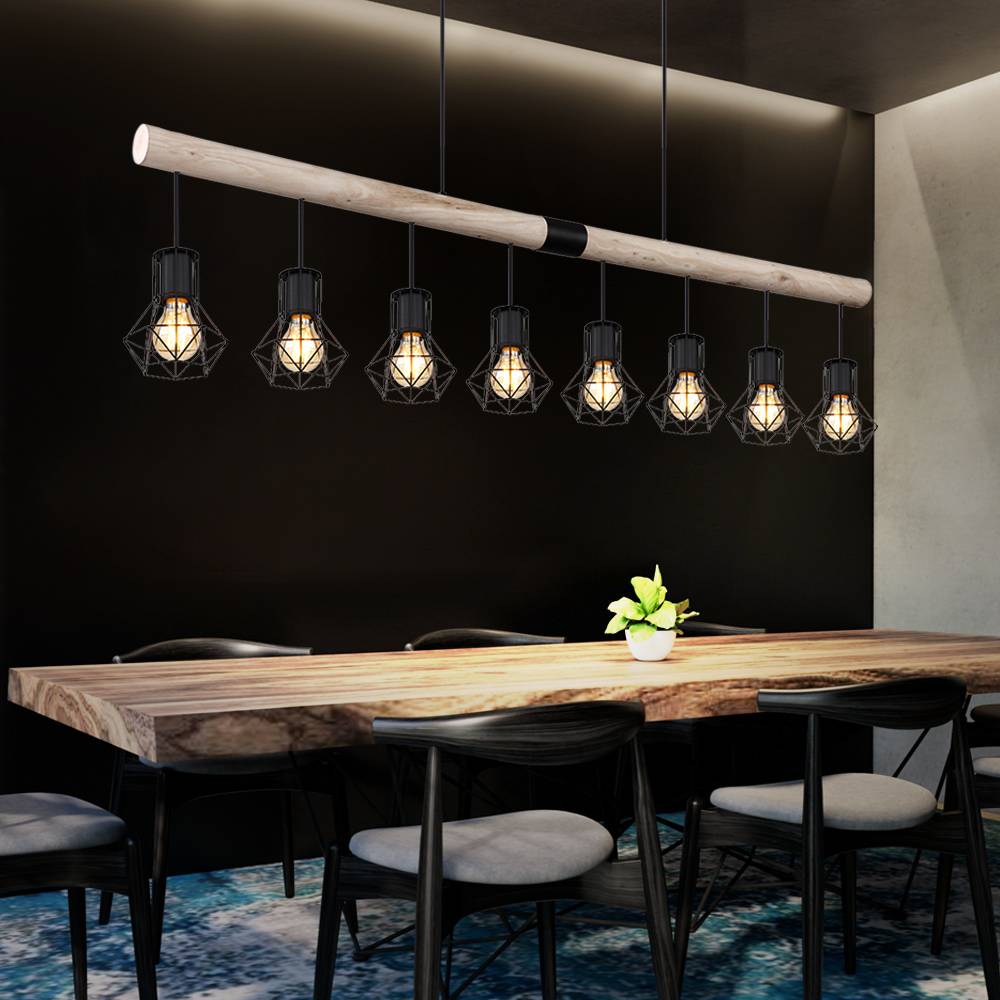 Hängeleuchte Holzbalken Pendelleuchte Käfigschirme schwarz Esszimmerleuchte Holz, Metall, 8x E27 Fassung, LxBxH 140x13,3x120 cm
