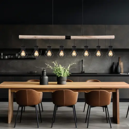 Hängeleuchte Holzbalken Pendelleuchte Käfigschirme schwarz Esszimmerleuchte Holz, Metall, 8x E27 Fassung, LxBxH 140x13,3x120 cm Hängeleuchte Holzbalken Pendelleuchte Käfigschirme schwarz Esszimmerleuchte Holz, Metall, 8x E27 Fassung, LxBxH 140x13,3x120 cm