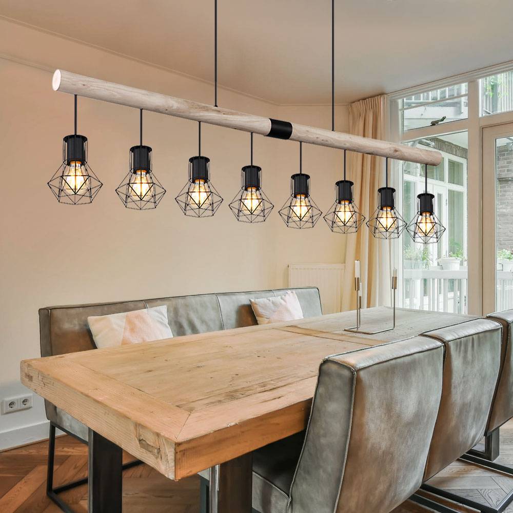 Hängeleuchte Holzbalken Pendelleuchte Käfigschirme schwarz Esszimmerleuchte Holz, Metall, 8x E27 Fassung, LxBxH 140x13,3x120 cm