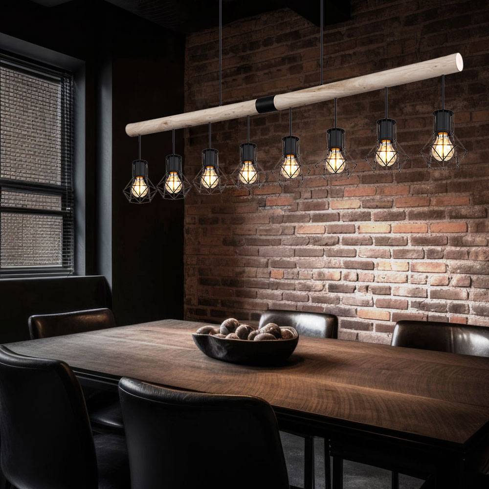 Hängeleuchte Holzbalken Pendelleuchte Käfigschirme schwarz Esszimmerleuchte Holz, Metall, 8x E27 Fassung, LxBxH 140x13,3x120 cm