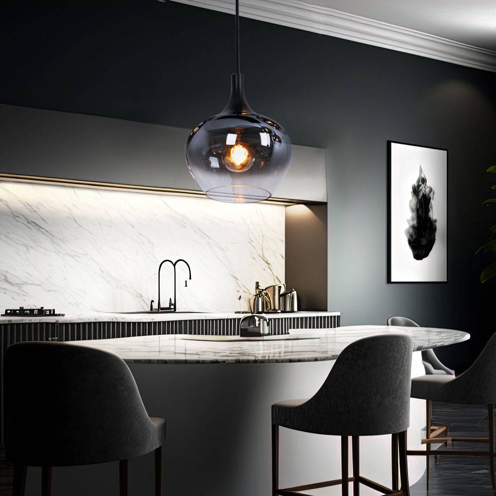 Pendelleuchte Hängeleuchte Esszimmer Wohnzimmer Esstischleuchte rauch Glasschirm, Metall schwarz, 1x E27, DxH 24x120 cm