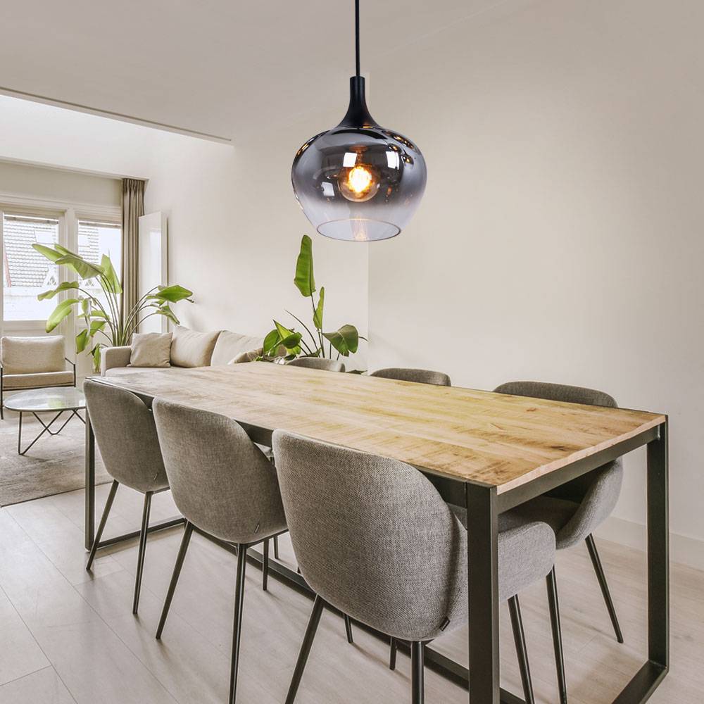 Pendelleuchte Hängeleuchte Esszimmer Wohnzimmer Esstischleuchte rauch Glasschirm, Metall schwarz, 1x E27, DxH 24x120 cm