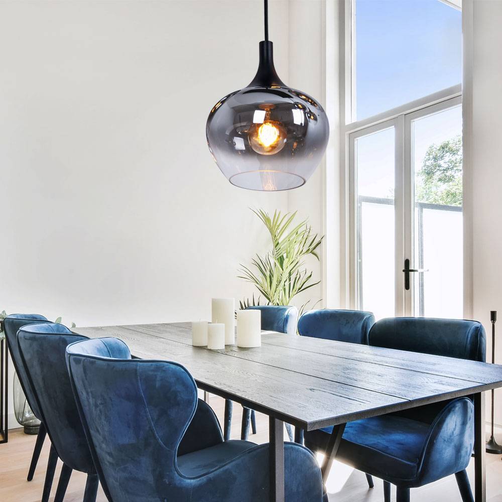 Pendelleuchte Hängeleuchte Esszimmer Wohnzimmer Esstischleuchte rauch Glasschirm, Metall schwarz, 1x E27, DxH 24x120 cm