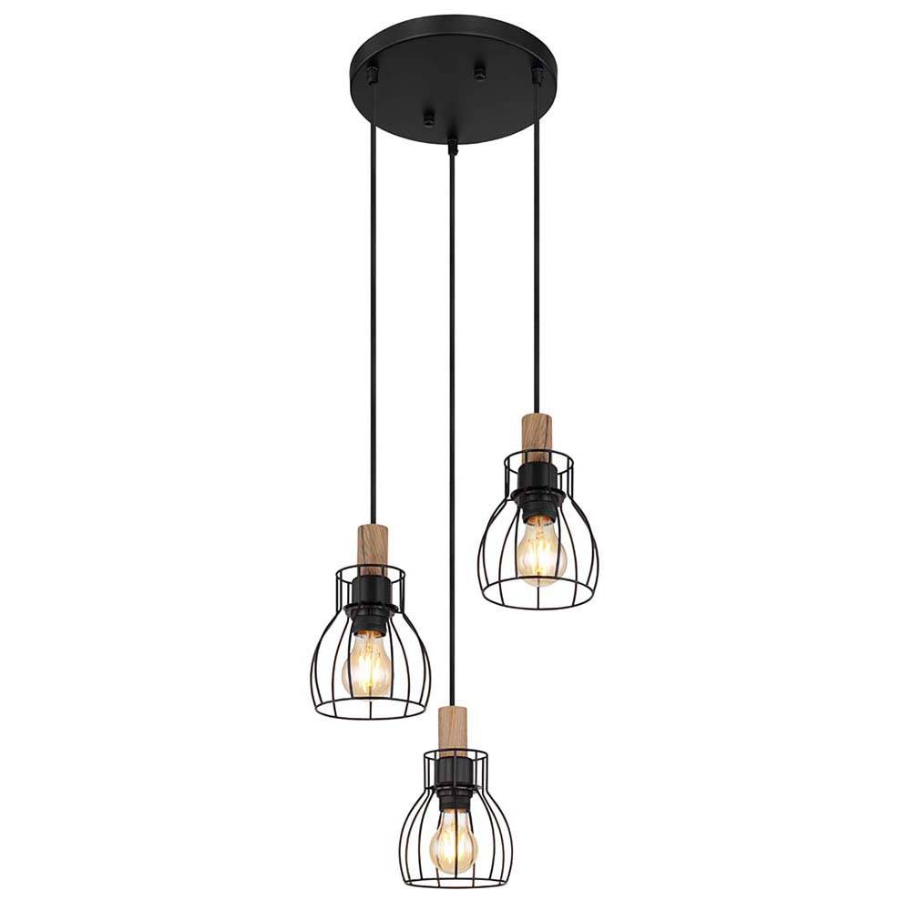 Hängeleuchte Vintage Pendelleuchte Esstischlampe Holz Retro Käfigschirme, Metall braun schwarz, Fassungen 3x E27, DxH 35,5x120 cm