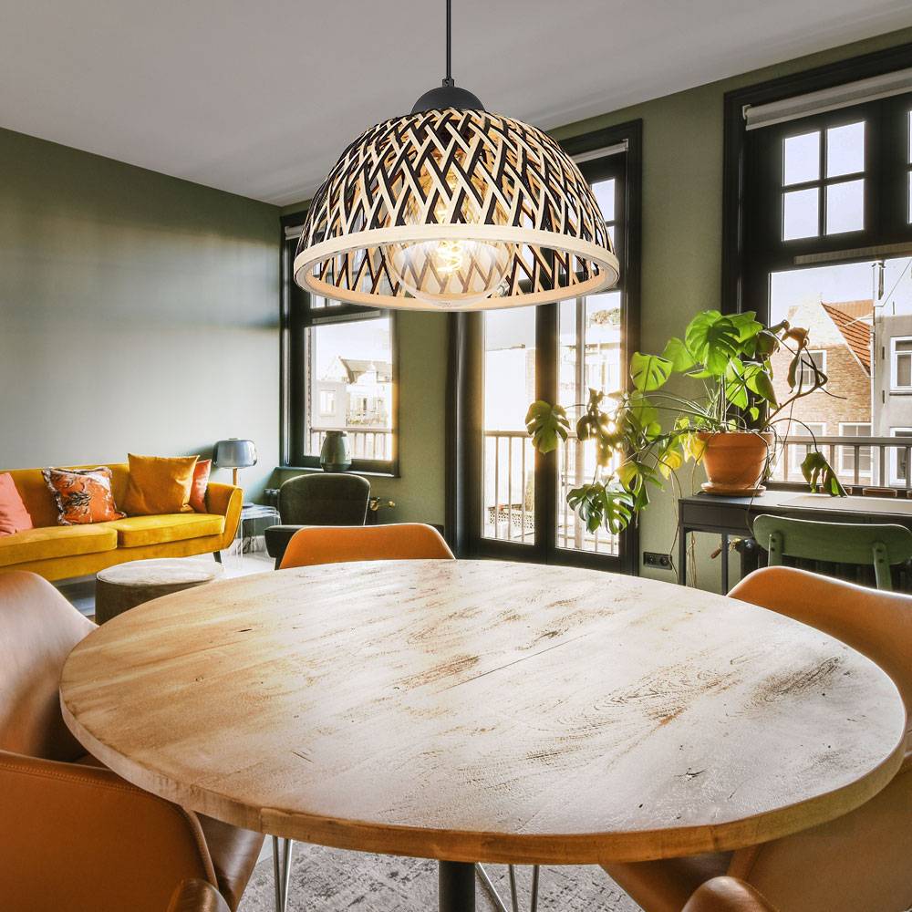 Hängelampe Pendelleuchte Pendellampe Hängeleuchte Esstisch, Boho Bambus Metall schwarz natur, 1x E27 Fassung, DxH 30x120cm