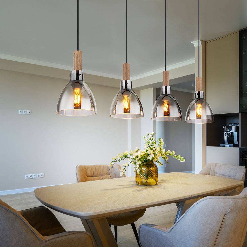 Hängelampe Esstisch Pendelleuchte schwarz Wohnzimmerleuchte modern, 4-flammig Holzoptik Glas rauch, Metall matt, 4x E27 Fassung, LxBxH 105x16x120 cm