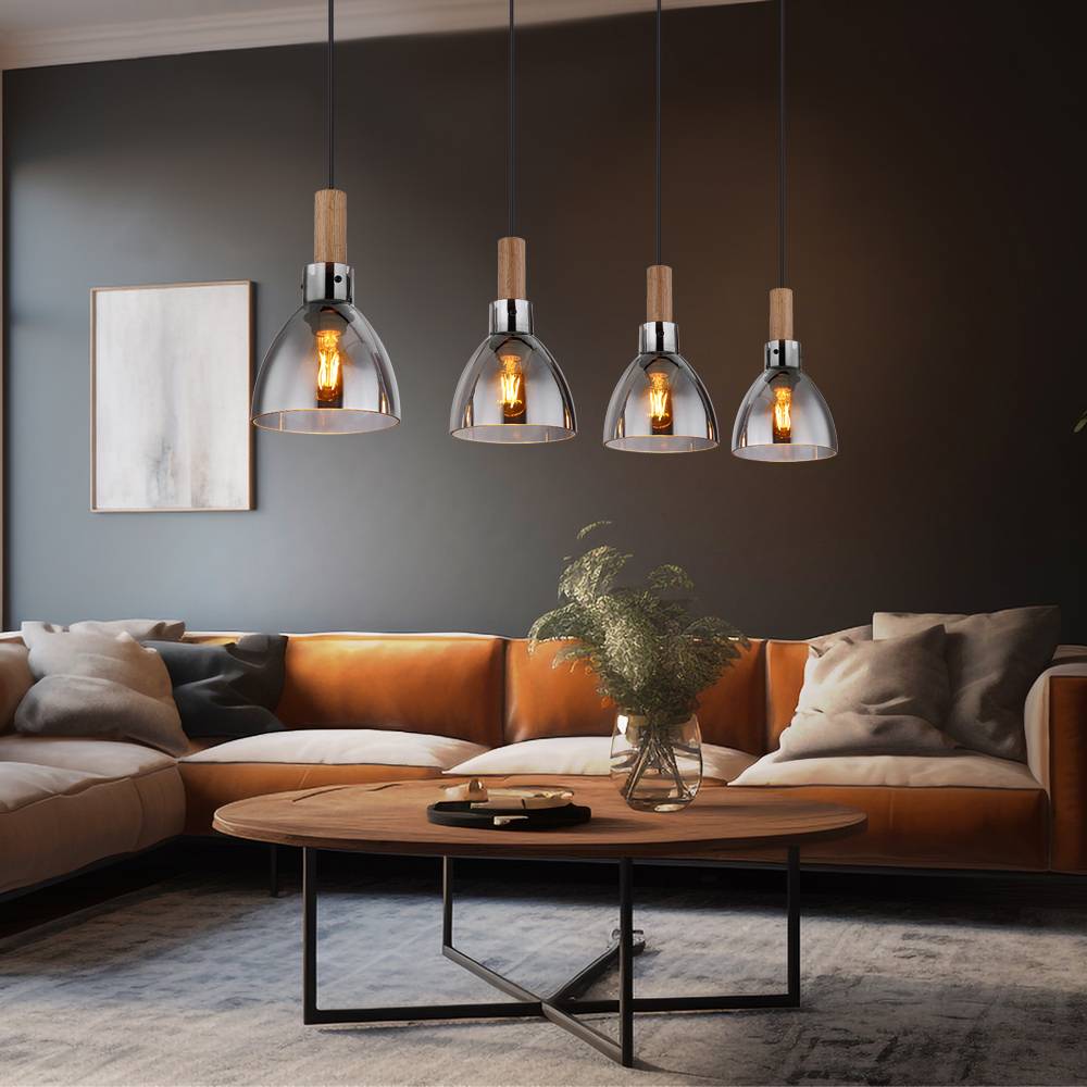 Hängelampe Esstisch Pendelleuchte schwarz Wohnzimmerleuchte modern, 4-flammig Holzoptik Glas rauch, Metall matt, 4x E27 Fassung, LxBxH 105x16x120 cm