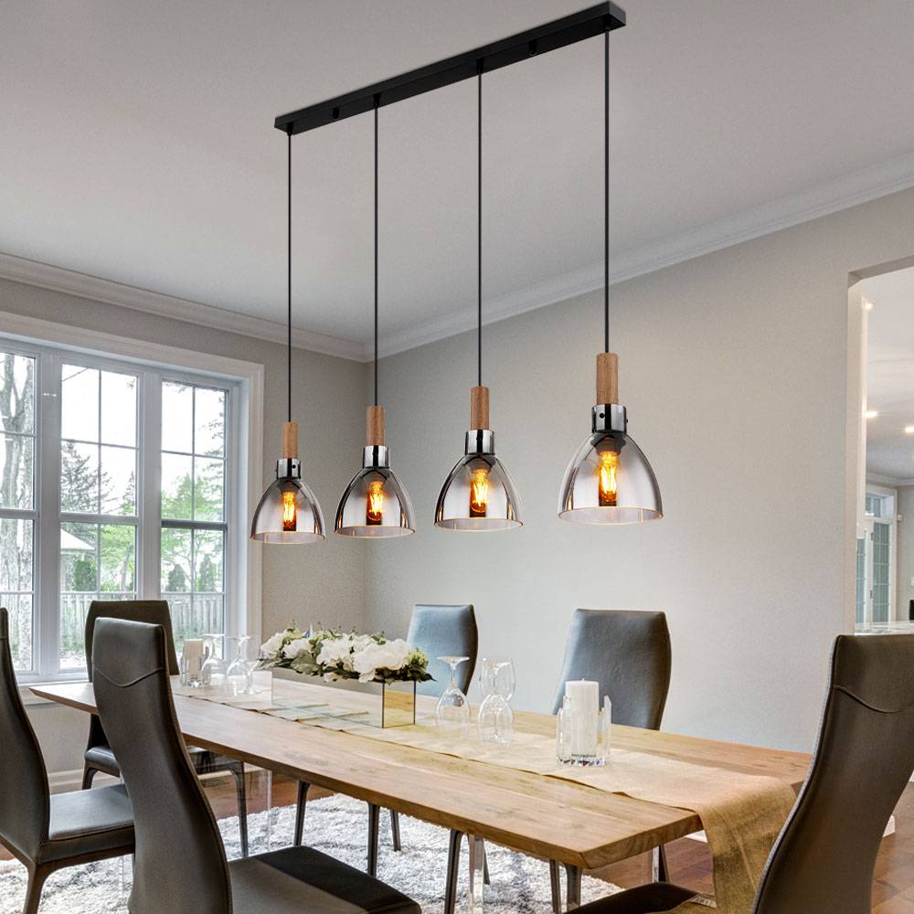 Hängelampe Esstisch Pendelleuchte schwarz Wohnzimmerleuchte modern, 4-flammig Holzoptik Glas rauch, Metall matt, 4x E27 Fassung, LxBxH 105x16x120 cm