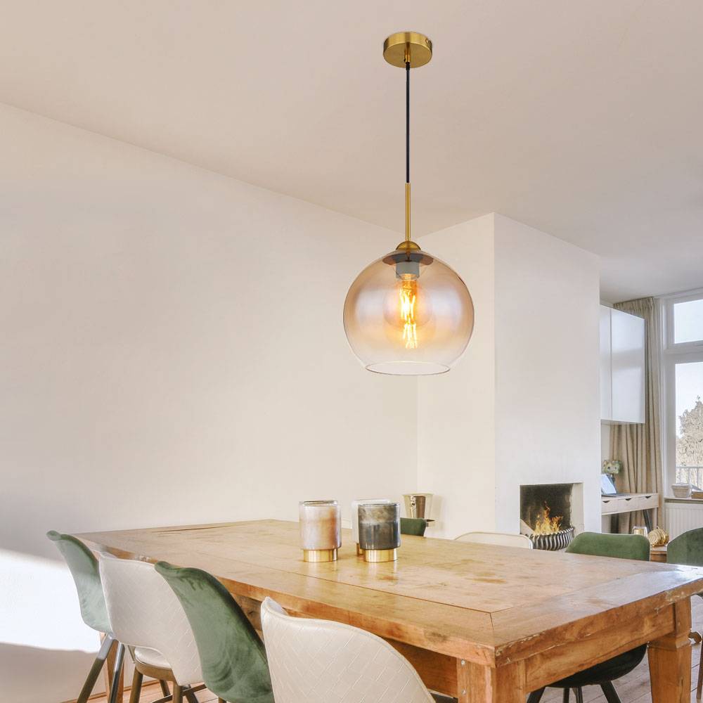 Pendellampe Hängelampe Esstischleuchte Glaskugel amber Wohnzimmerlampe messing, 1x E27, DxH 25x120 cm