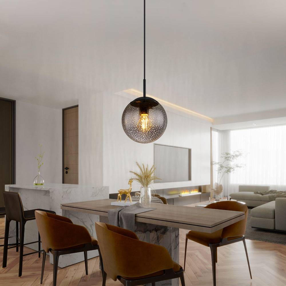 Hängeleuchte Kugel schwarz Pendelleuchte Esstisch Rauchglas Hängelampe Glas Retro, Höhenverstellbar, Sternen-Effekt, 1x E27 Fassung, DxH 20x120 cm