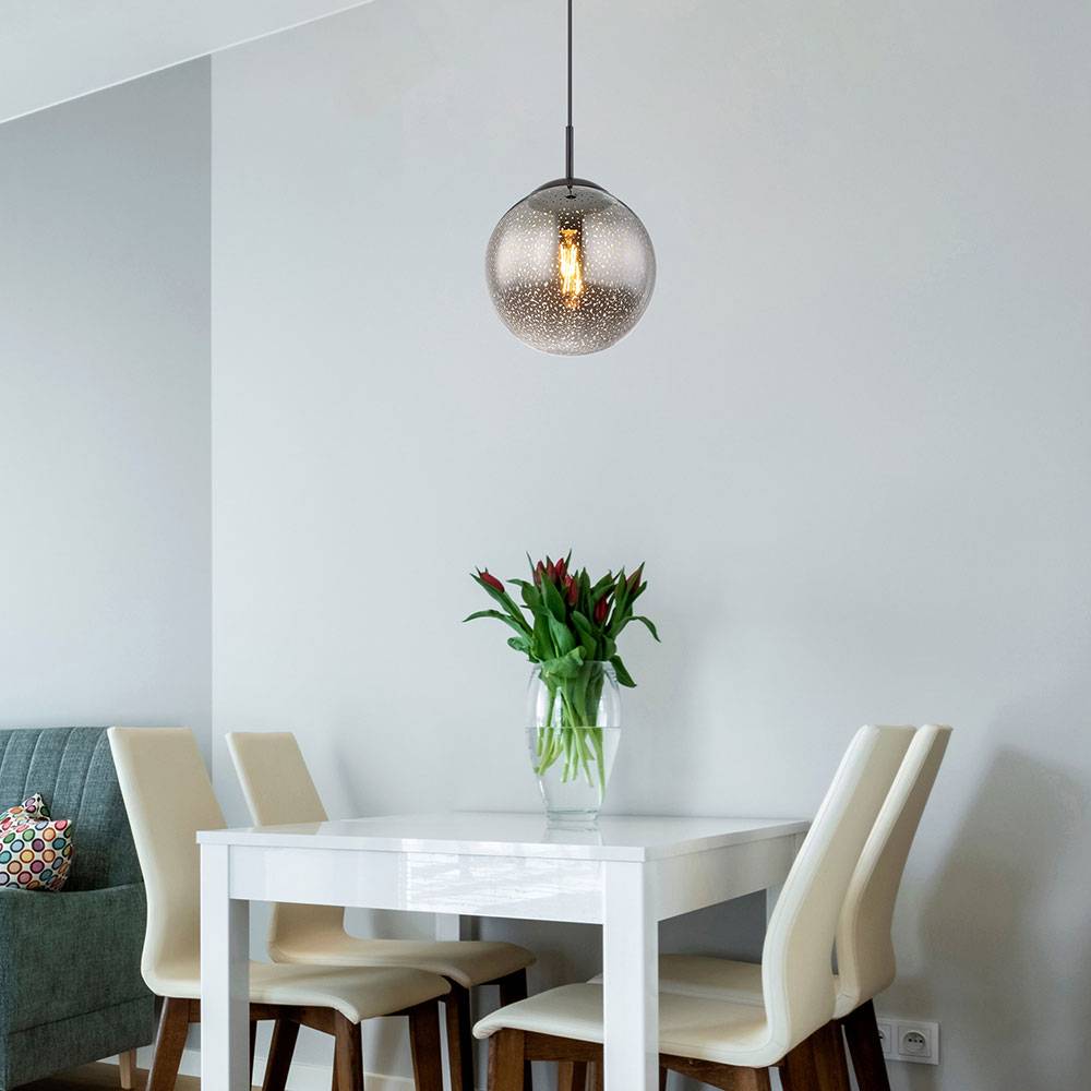 Hängeleuchte Kugel schwarz Pendelleuchte Esstisch Rauchglas Hängelampe Glas Retro, Höhenverstellbar, Sternen-Effekt, 1x E27 Fassung, DxH 20x120 cm