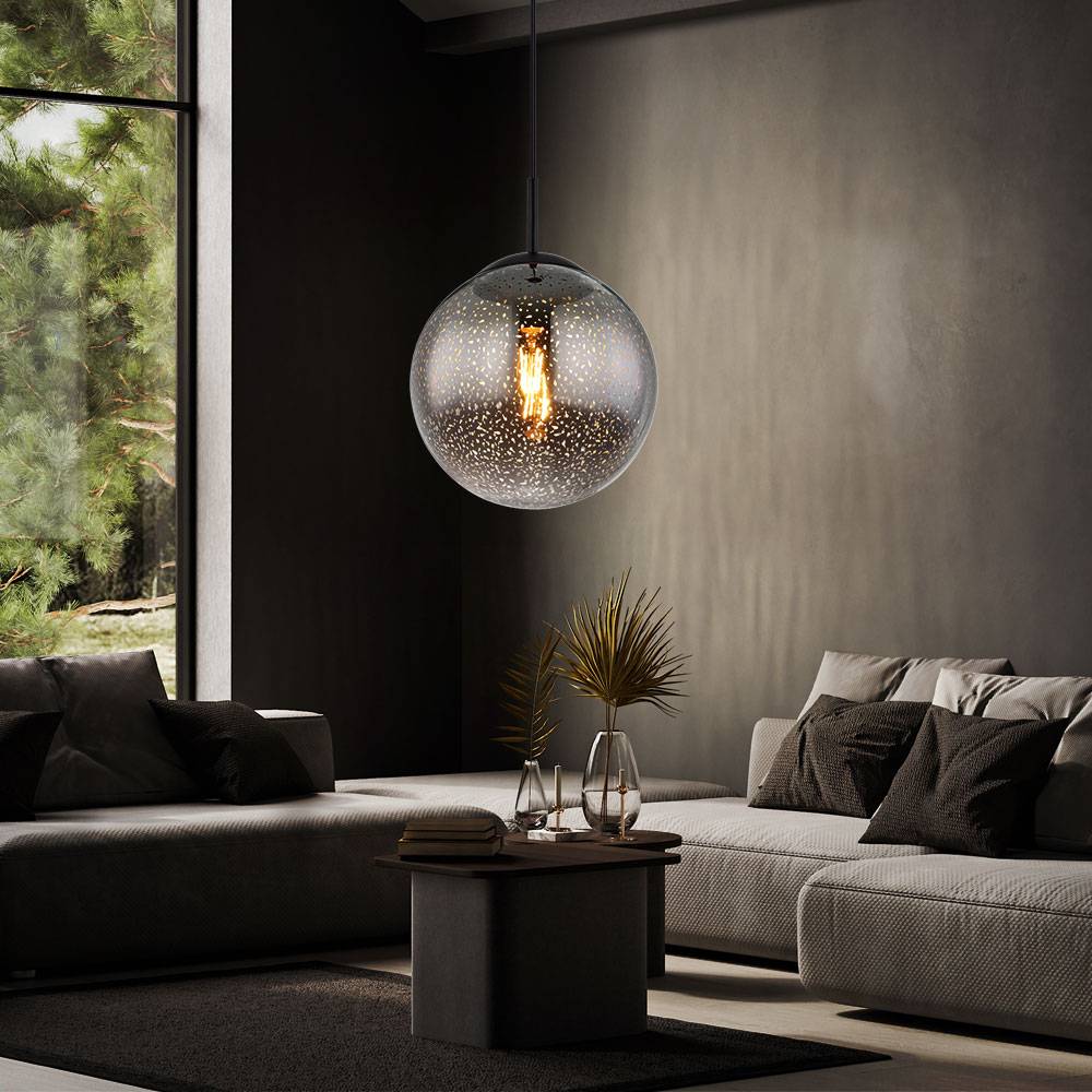Hängeleuchte Kugel schwarz Pendelleuchte Esstisch Rauchglas Hängelampe Glas Retro, Höhenverstellbar, Sternen-Effekt, 1x E27 Fassung, DxH 25x120 cm