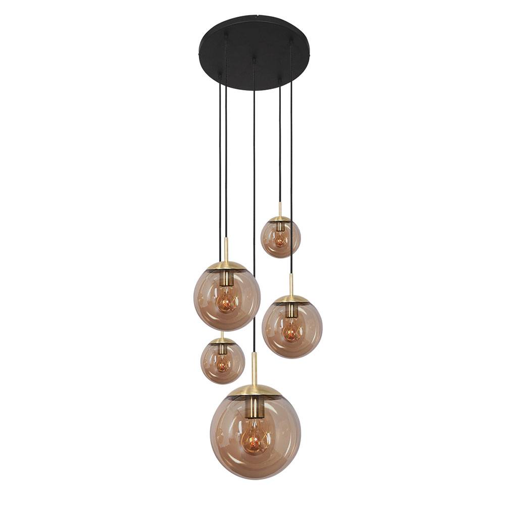 Pendellampe Hängeleuchte Esszimmerlampe Moderne Clusterleuchte 5-flammig, Glaskugel, Metall amber, 5x E27 Fassung, DxH 60x375 cm