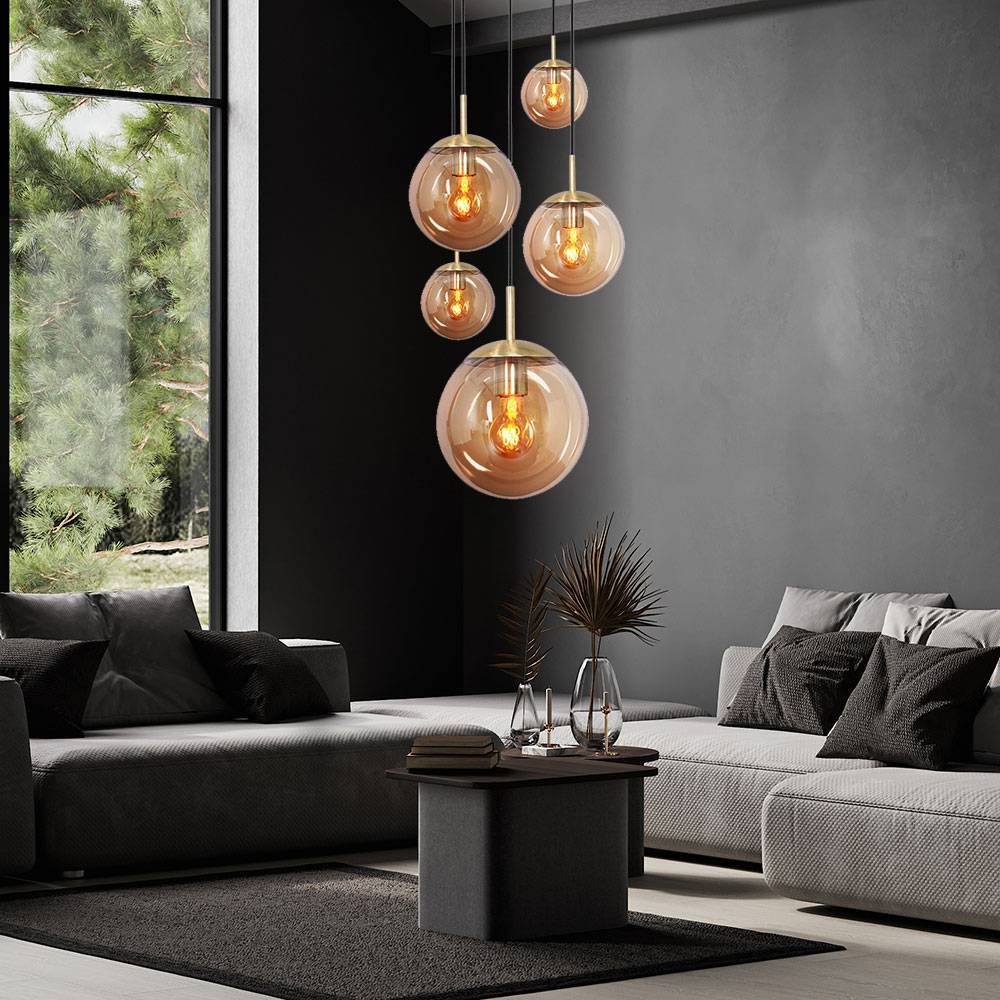 Pendellampe Hängeleuchte Esszimmerlampe Moderne Clusterleuchte 5-flammig, Glaskugel, Metall amber, 5x E27 Fassung, DxH 60x375 cm