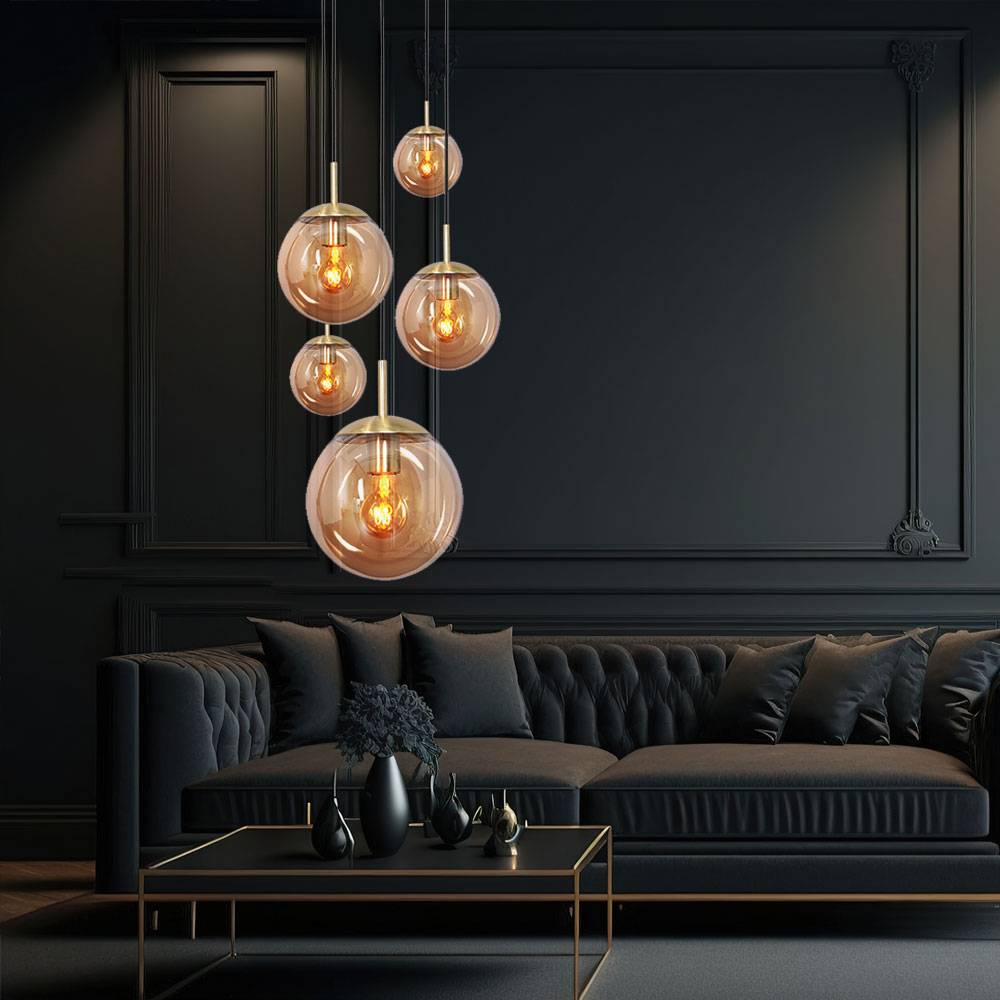 Pendellampe Hängeleuchte Esszimmerlampe Moderne Clusterleuchte 5-flammig, Glaskugel, Metall amber, 5x E27 Fassung, DxH 60x375 cm