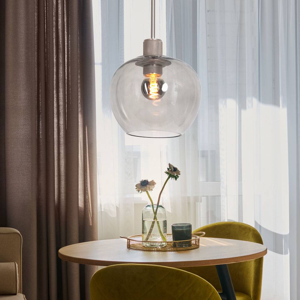 Pendellampe silber Wohnzimmerleuchte modern Esstisch Hängelampe, Höhenverstellbar Retro Glasschirm, Metall grau, 1x E14 Fassung, DxH 16x160 cm