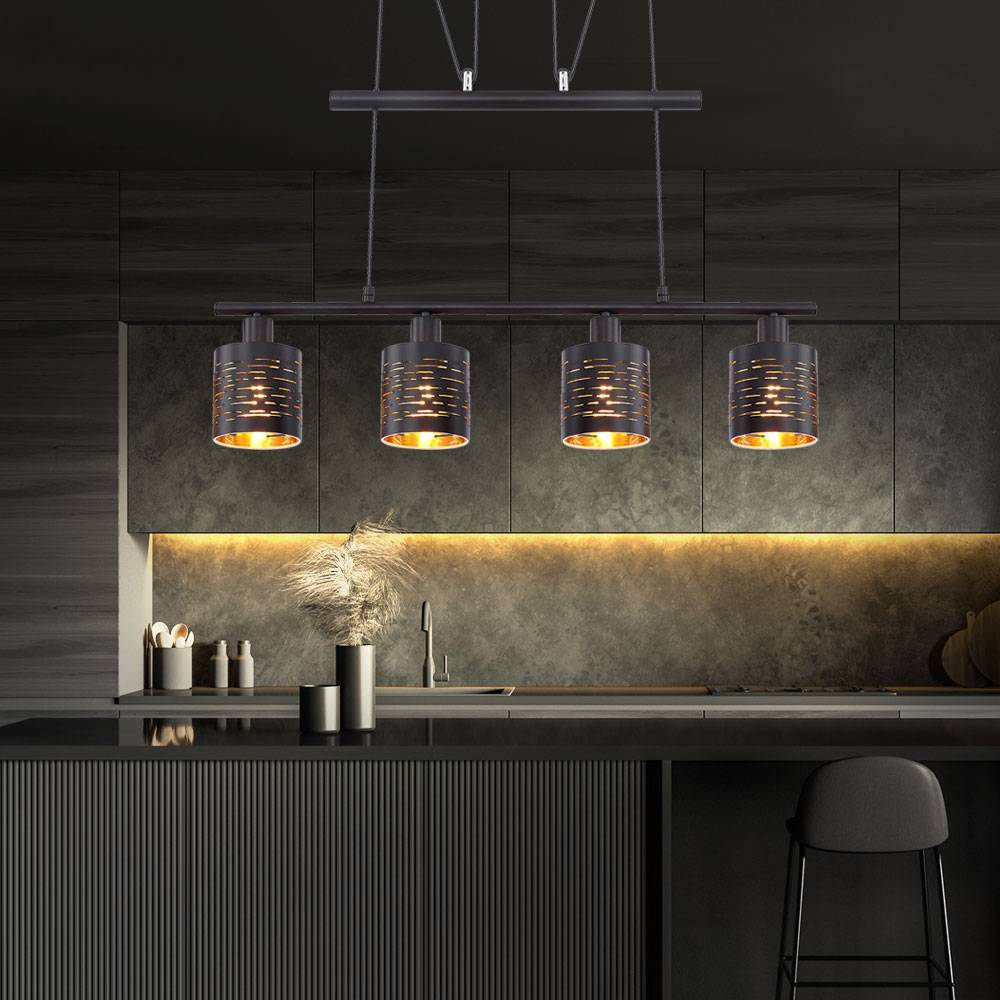 Hängelampe Esstisch Modern Pendelleuchte Höhenverstellbar Esstischlampe Höhenverstellbar, 4 Flammig schwarz gold, 4x E14, LxH 70 x 100-180 cm