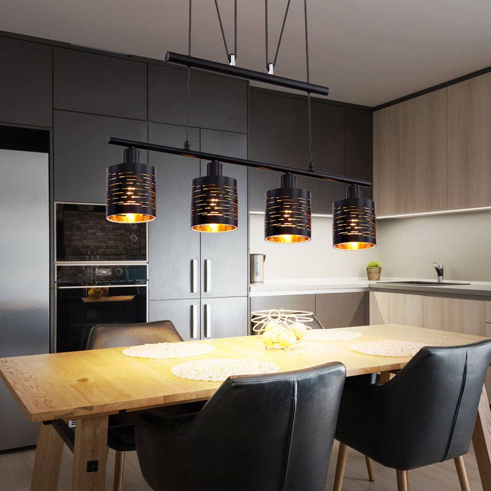 Hängelampe Esstisch Modern Pendelleuchte Höhenverstellbar Esstischlampe Höhenverstellbar, 4 Flammig schwarz gold, 4x E14, LxH 70 x 100-180 cm