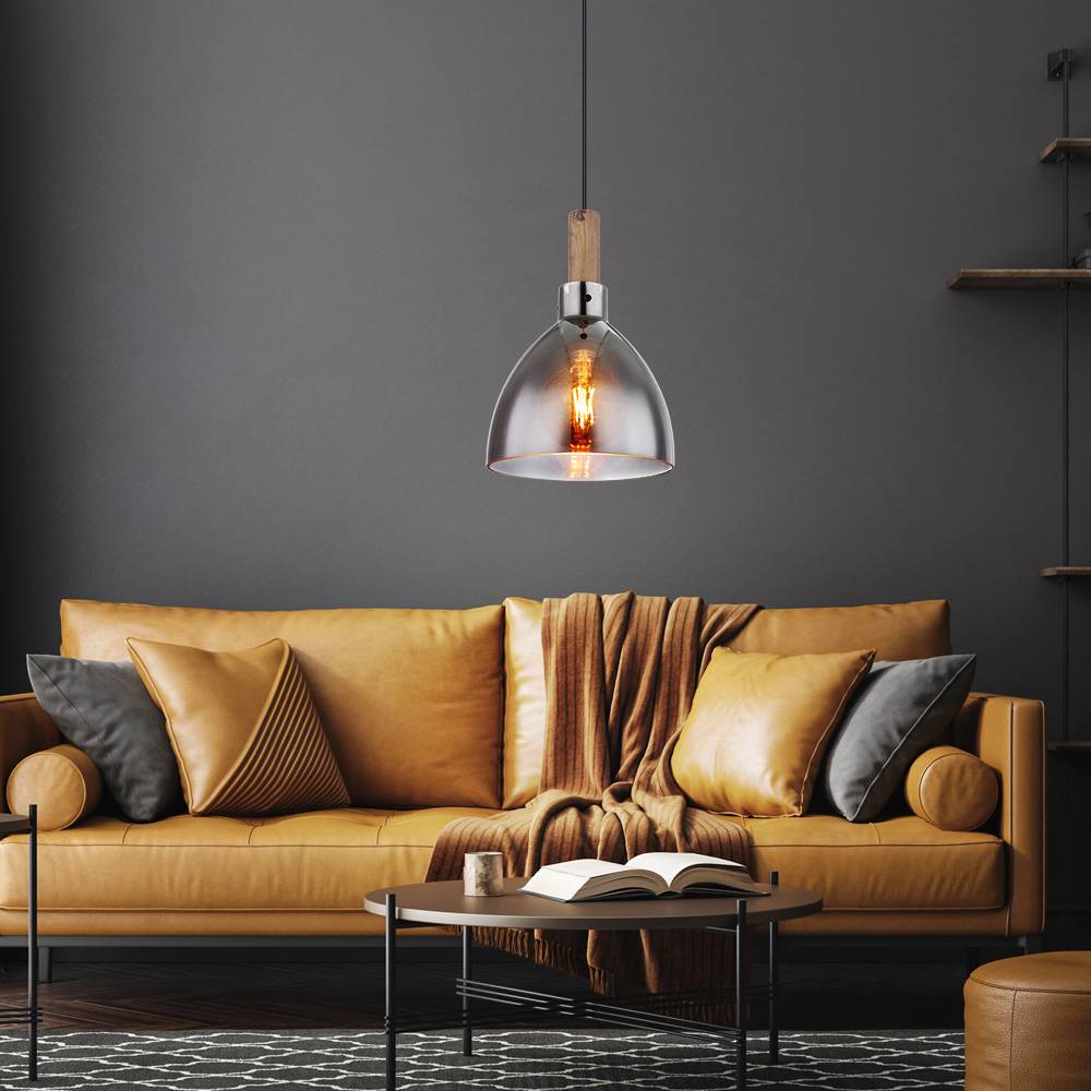 Pendellampe schwarz Hängeleuchte modern Esszimmerlampe, Pendelleuchte Esstisch Holzoptik Rauch Glas, Metall matt, 1x E27 Fassung, DxH 20x120 cm