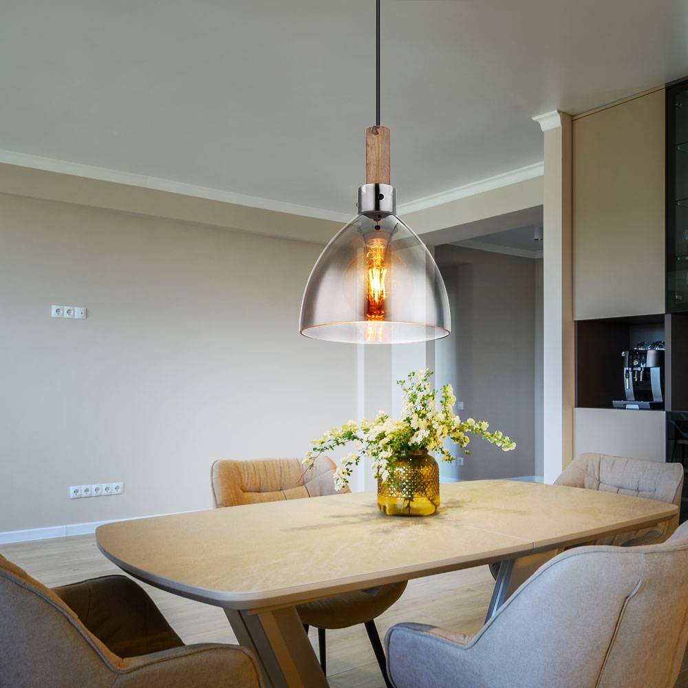 Pendellampe schwarz Hängeleuchte modern Esszimmerlampe, Pendelleuchte Esstisch Holzoptik Rauch Glas, Metall matt, 1x E27 Fassung, DxH 20x120 cm