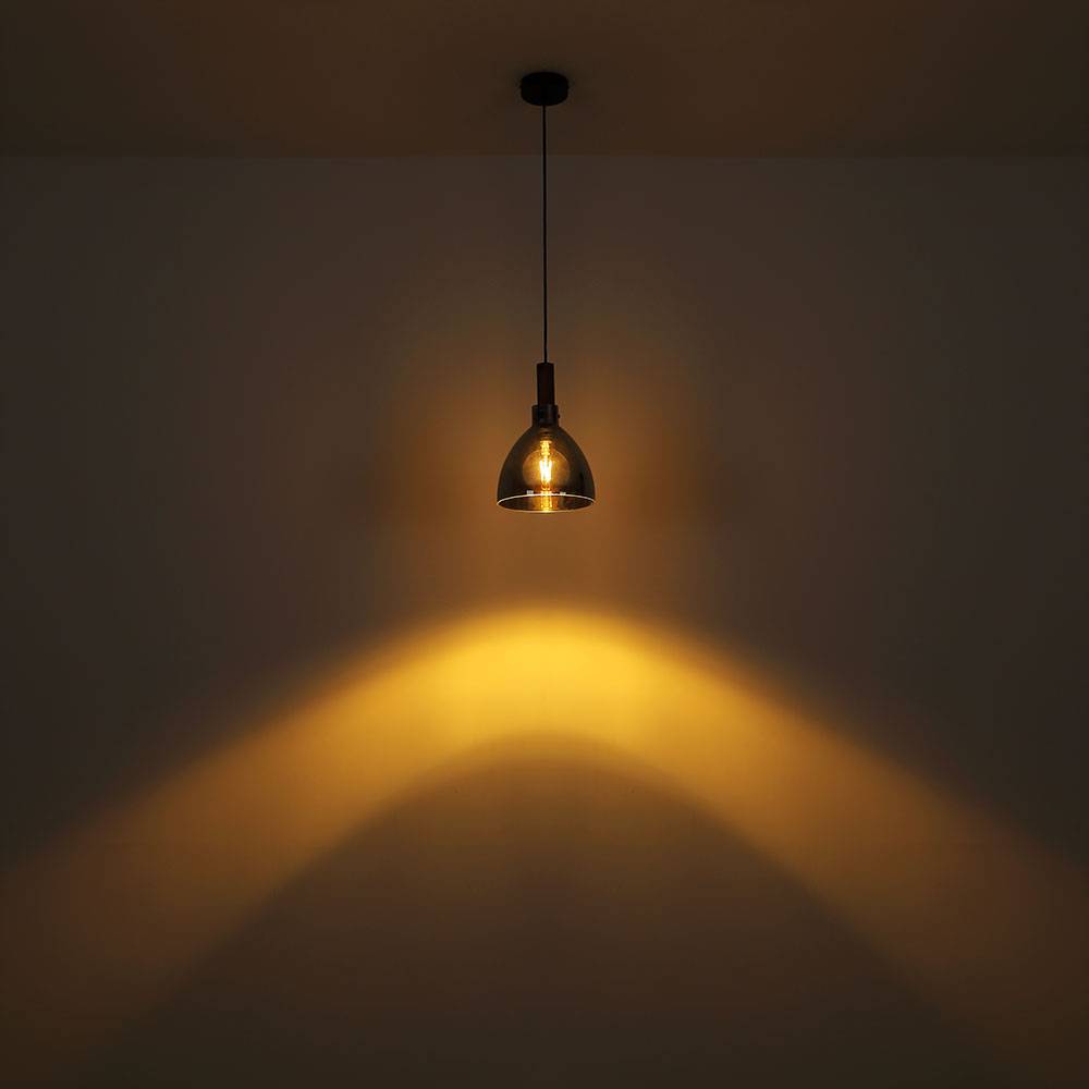 Pendellampe schwarz Hängeleuchte modern Esszimmerlampe, Pendelleuchte Esstisch Holzoptik Rauch Glas, Metall matt, 1x E27 Fassung, DxH 20x120 cm