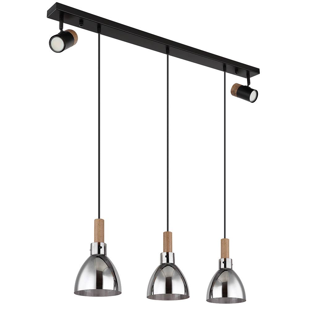 Pendellampe schwarz Hängeleuchte modern Esstischlampe, 5-flammig Spots schwenkbar Holzoptik, Metall Glas, rauch, GU10/E27 Fassung, LxBxH 95x16x120