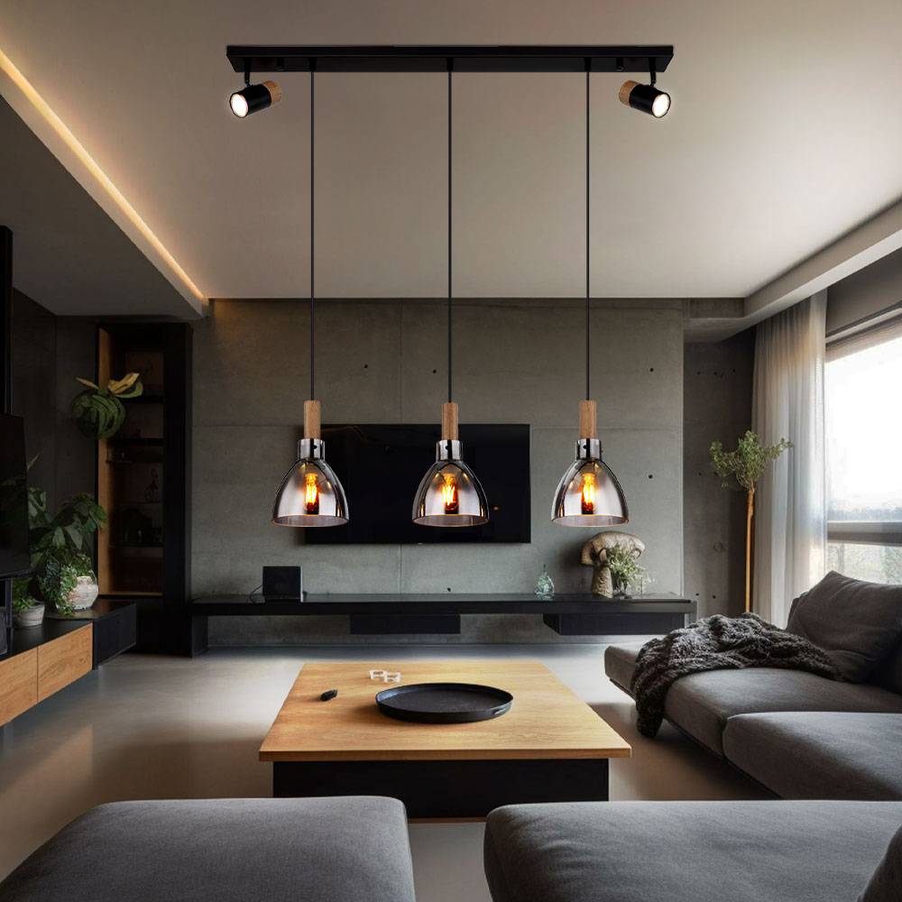 Pendellampe schwarz Hängeleuchte modern Esstischlampe, 5-flammig Spots schwenkbar Holzoptik, Metall Glas, rauch, GU10/E27 Fassung, LxBxH 95x16x120