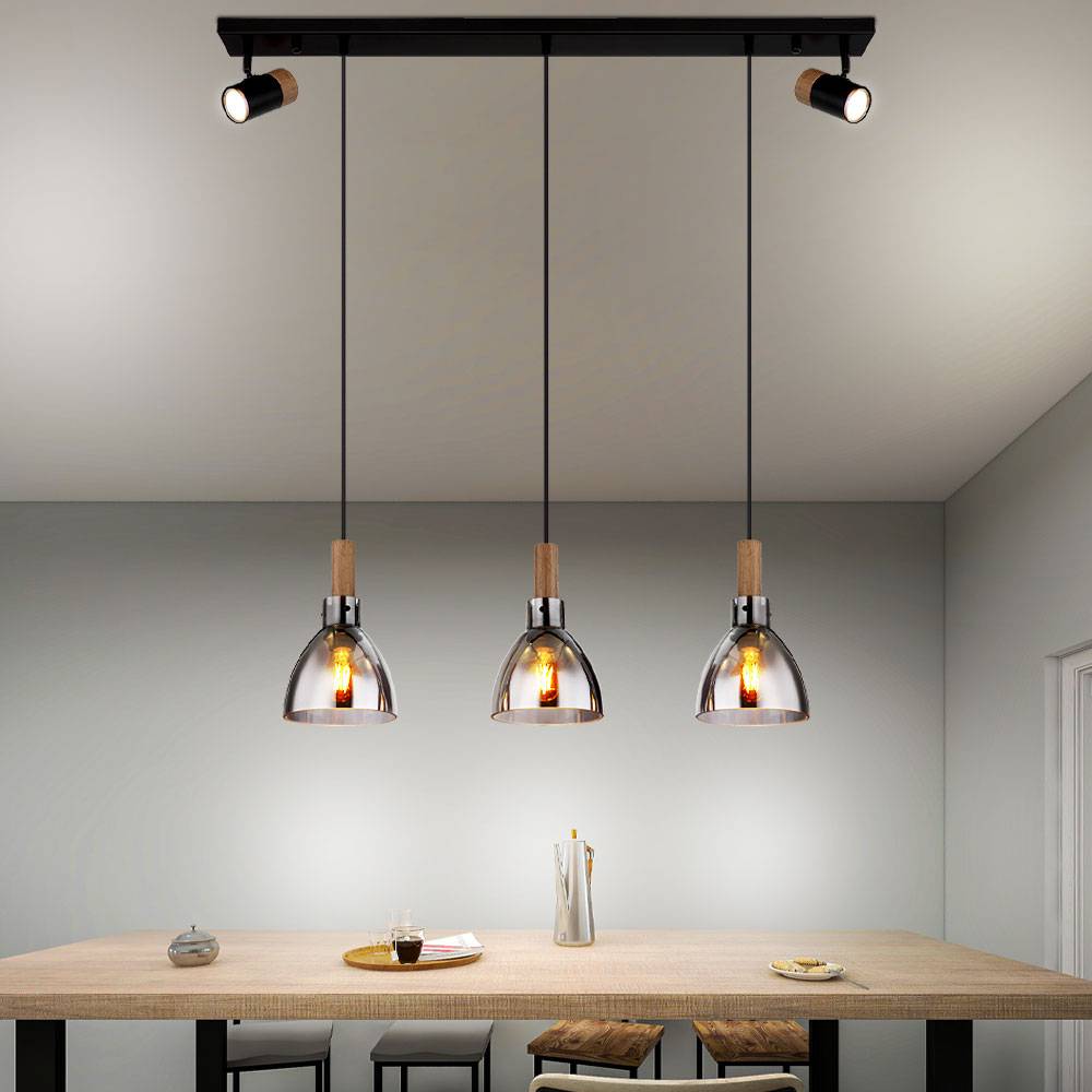 Pendellampe schwarz Hängeleuchte modern Esstischlampe, 5-flammig Spots schwenkbar Holzoptik, Metall Glas, rauch, GU10/E27 Fassung, LxBxH 95x16x120
