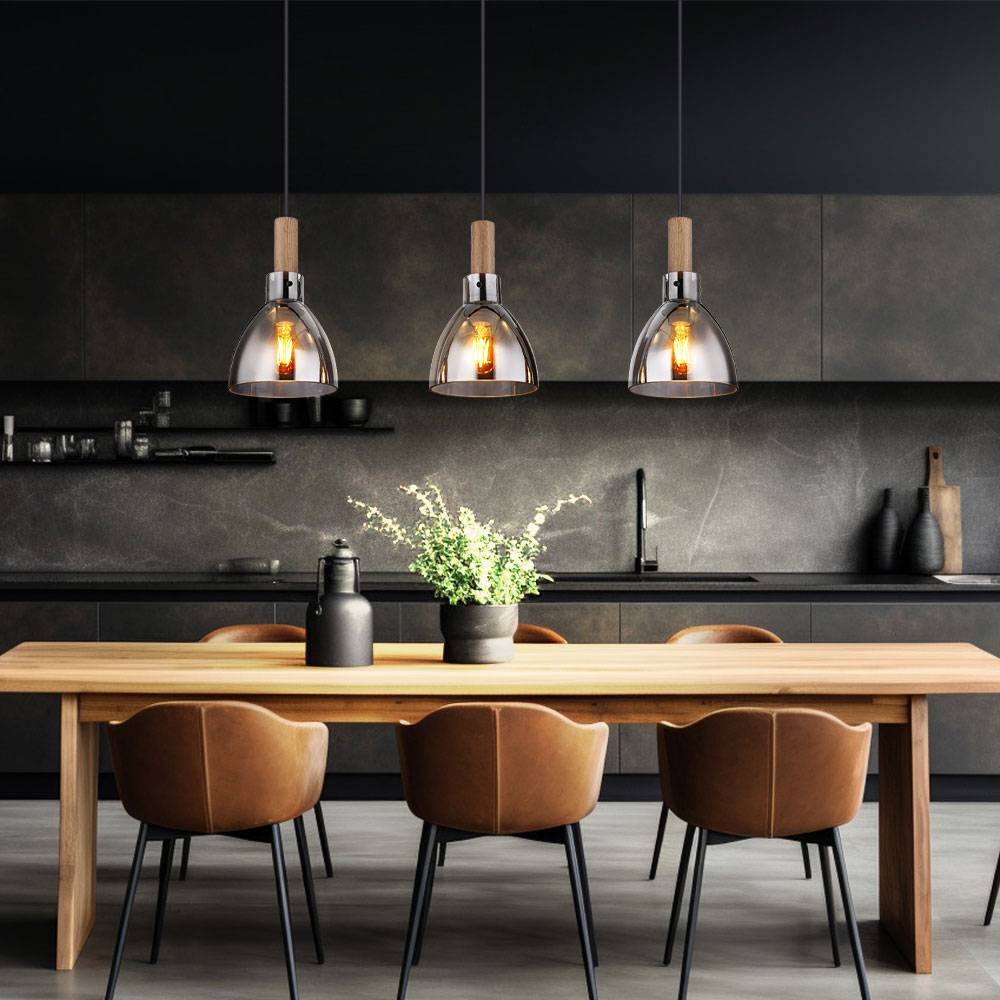Pendellampe schwarz Hängeleuchte modern Esstischlampe, 5-flammig Spots schwenkbar Holzoptik, Metall Glas, rauch, GU10/E27 Fassung, LxBxH 95x16x120