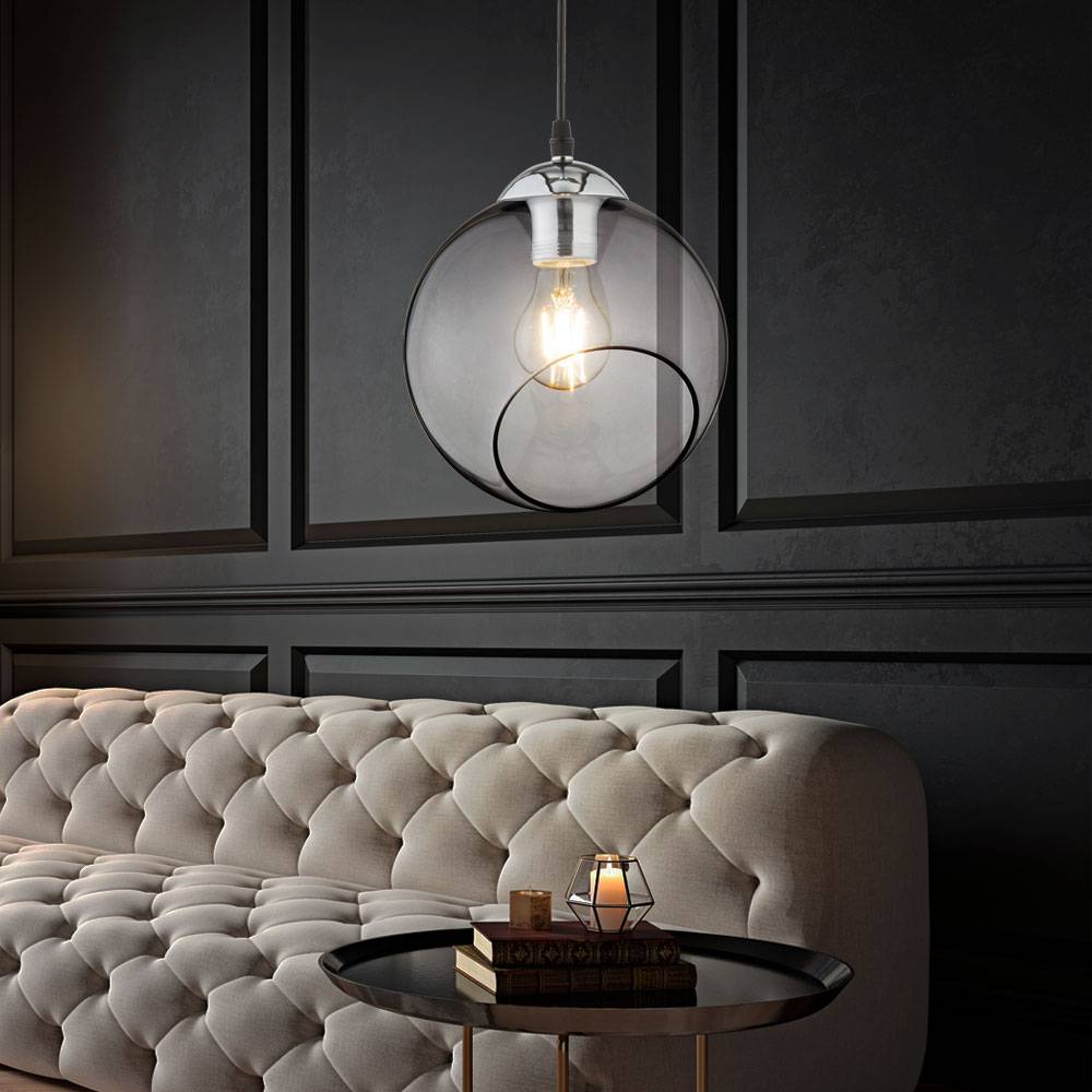 Hängelampe Glas Esstischleuchte modern Wohnzimmer Pendellampe Höhenverstellbar Glasschirm rund, Metall chrom rauch, 1x E27 Fassung, DxH 20x150 cm