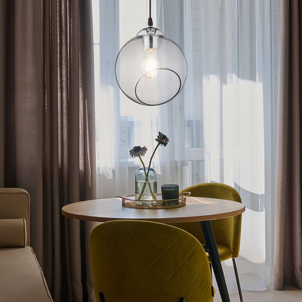 Hängelampe Glas Esstischleuchte modern Wohnzimmer Pendellampe Höhenverstellbar Glasschirm rund, Metall chrom rauch, 1x E27 Fassung, DxH 20x150 cm