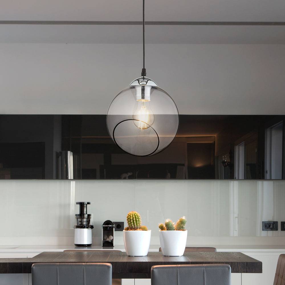 Hängelampe Glas Esstischleuchte modern Wohnzimmer Pendellampe Höhenverstellbar Glasschirm rund, Metall chrom rauch, 1x E27 Fassung, DxH 20x150 cm