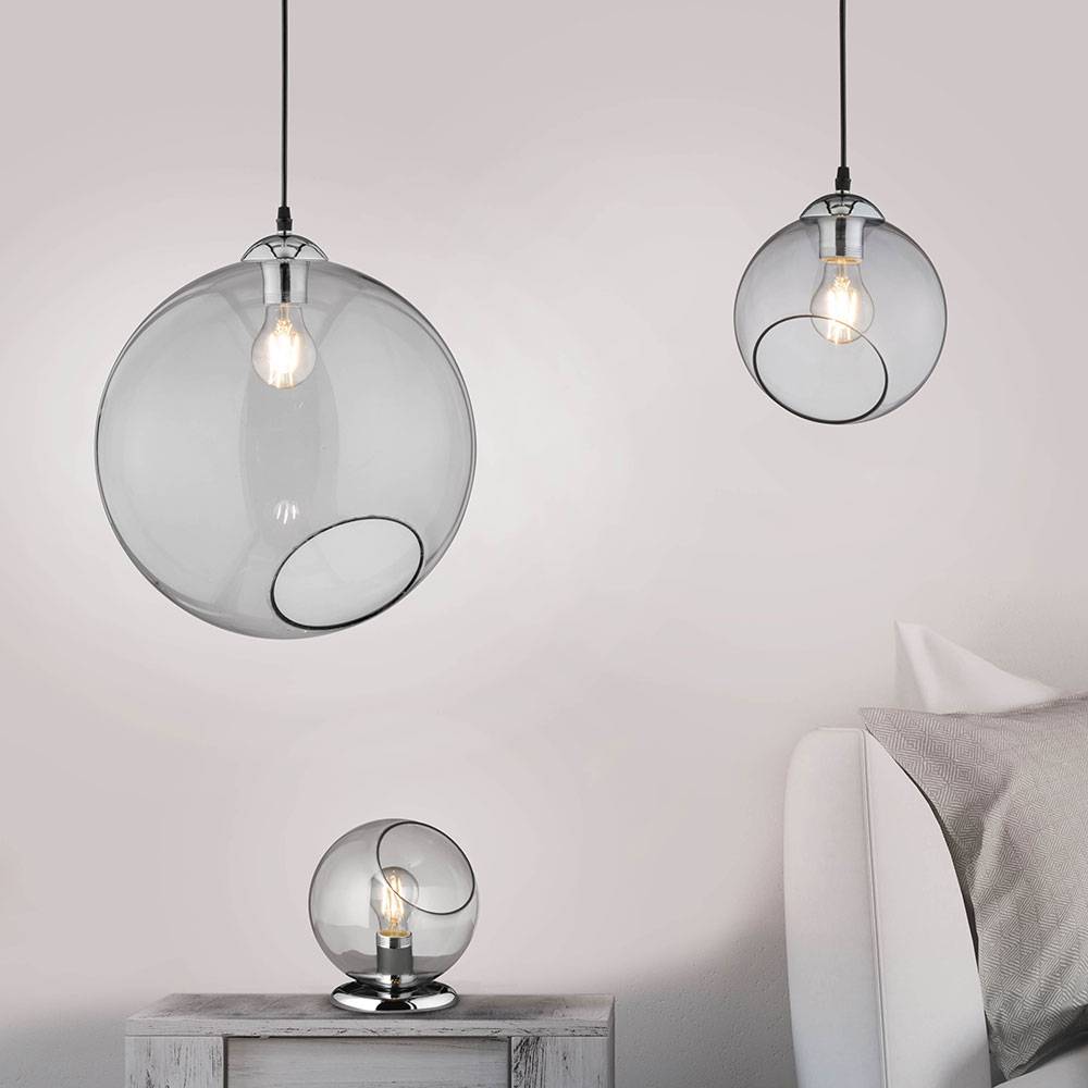 Hängelampe Glas Esstischleuchte modern Wohnzimmer Pendellampe Höhenverstellbar Glasschirm rund, Metall chrom rauch, 1x E27 Fassung, DxH 20x150 cm
