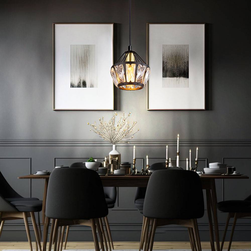 Hängelampe Pendellampe Wohnzimmer Glas Kristalle Pendelleuchte Esstischleuchte, Metall schwarz messing, 1x E27 Fassung, DxH 12,5x150 cm