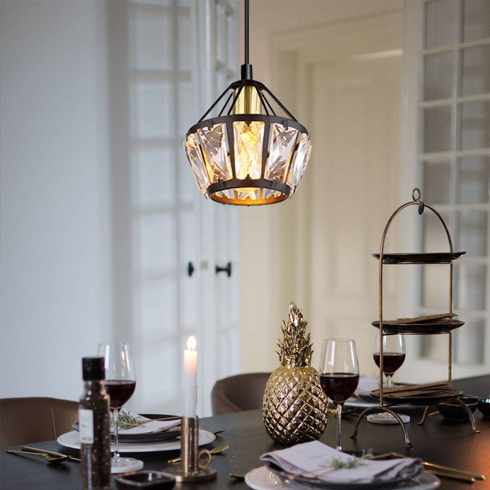 Hängelampe Pendellampe Wohnzimmer Glas Kristalle Pendelleuchte Esstischleuchte, Metall schwarz messing, 1x E27 Fassung, DxH 12,5x150 cm