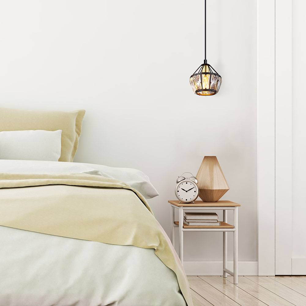 Hängelampe Pendellampe Wohnzimmer Glas Kristalle Pendelleuchte Esstischleuchte, Metall schwarz messing, 1x E27 Fassung, DxH 12,5x150 cm