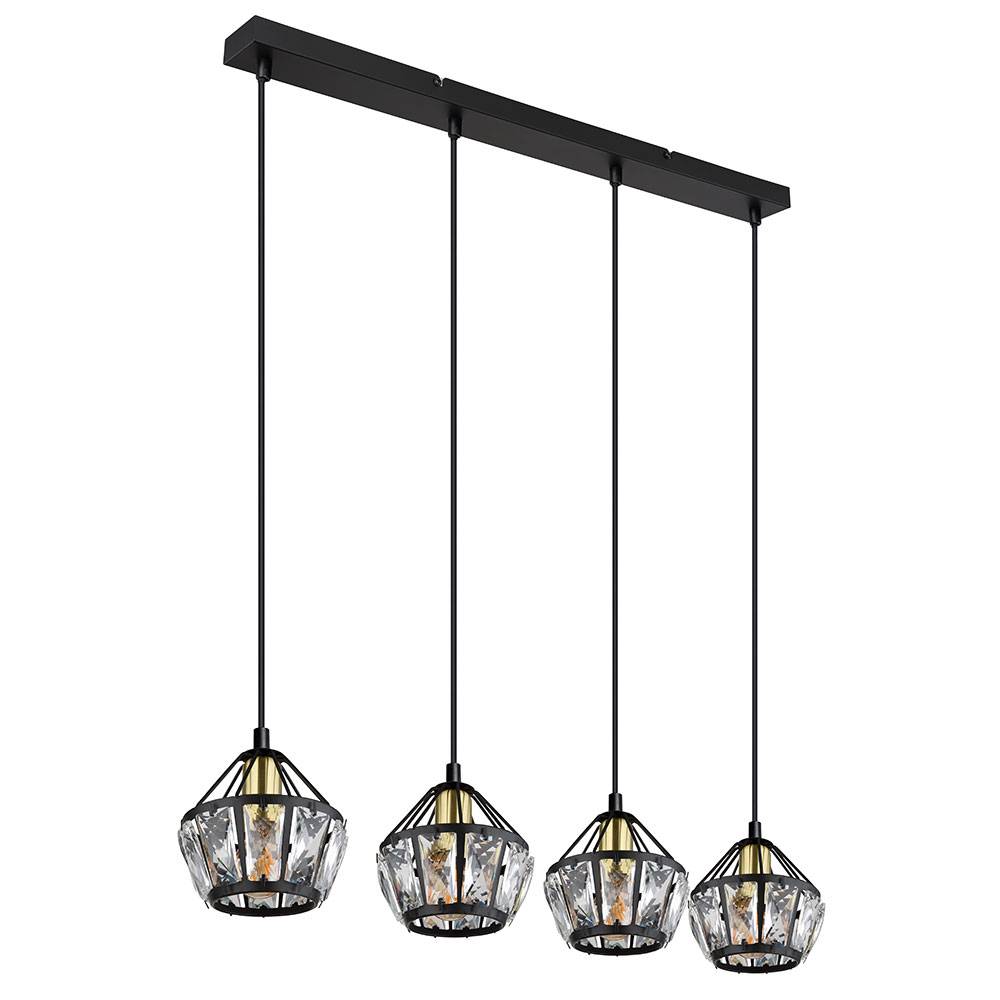 Hängelampe Hängeleuchte Pendelleuchte Wohnzimmerlampe, 4 flammig, Glaskristalle Metall schwarz, 4x E14 Fassungen, LxBxH 73x12,5x150cm