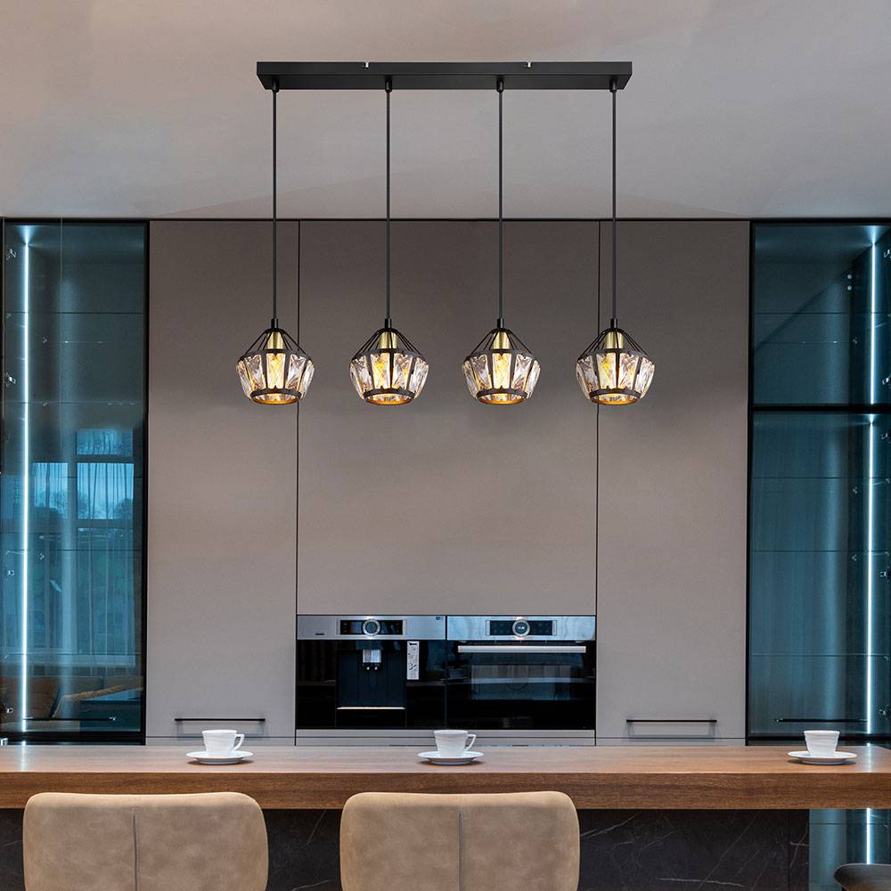 Hängelampe Hängeleuchte Pendelleuchte Wohnzimmerlampe, 4 flammig, Glaskristalle Metall schwarz, 4x E14 Fassungen, LxBxH 73x12,5x150cm