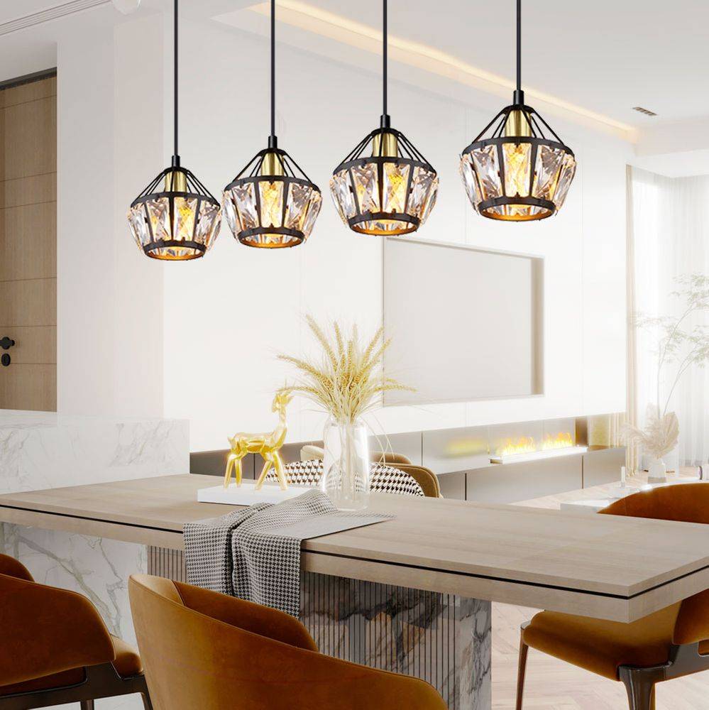 Hängelampe Hängeleuchte Pendelleuchte Wohnzimmerlampe, 4 flammig, Glaskristalle Metall schwarz, 4x E14 Fassungen, LxBxH 73x12,5x150cm