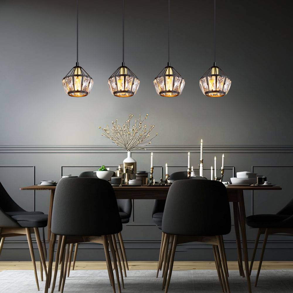 Hängelampe Hängeleuchte Pendelleuchte Wohnzimmerlampe, 4 flammig, Glaskristalle Metall schwarz, 4x E14 Fassungen, LxBxH 73x12,5x150cm