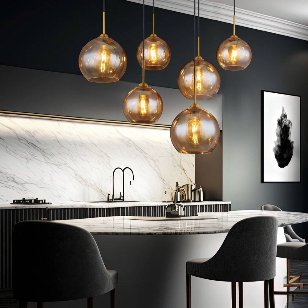 Pendellampe Hängelampe Esstischleuchte 6 flammig Glaskugel amber Wohnzimmerlampe messing, 1x E27, LxBxH 97,5x40x150 cm