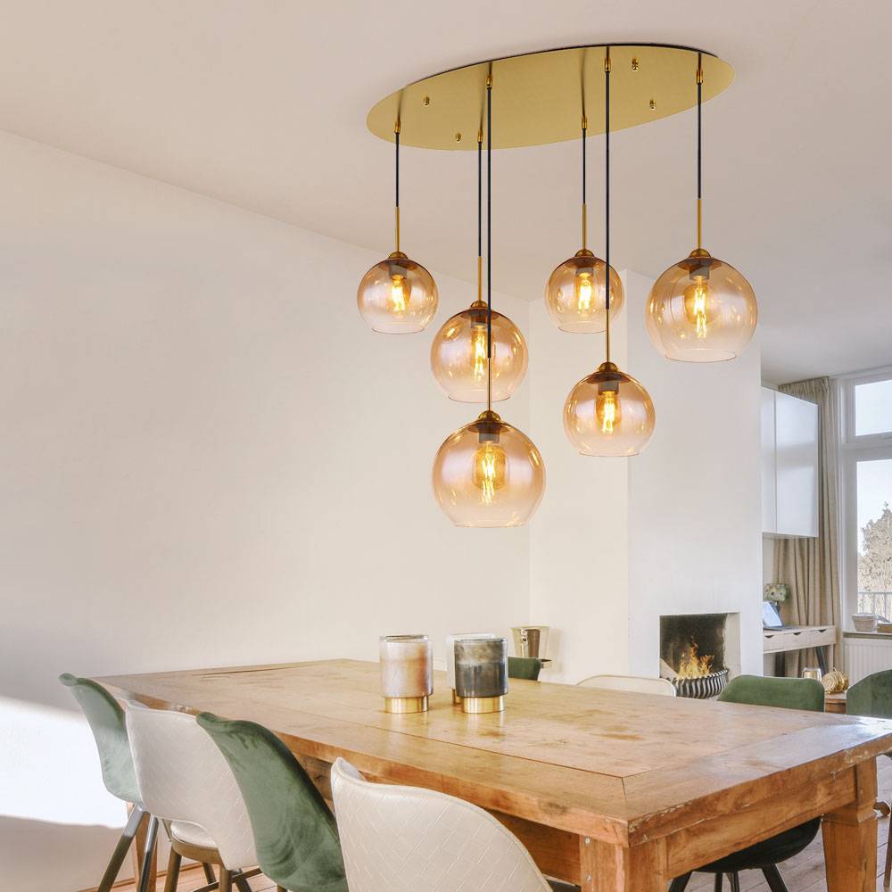 Pendellampe Hängelampe Esstischleuchte 6 flammig Glaskugel amber Wohnzimmerlampe messing, 1x E27, LxBxH 97,5x40x150 cm