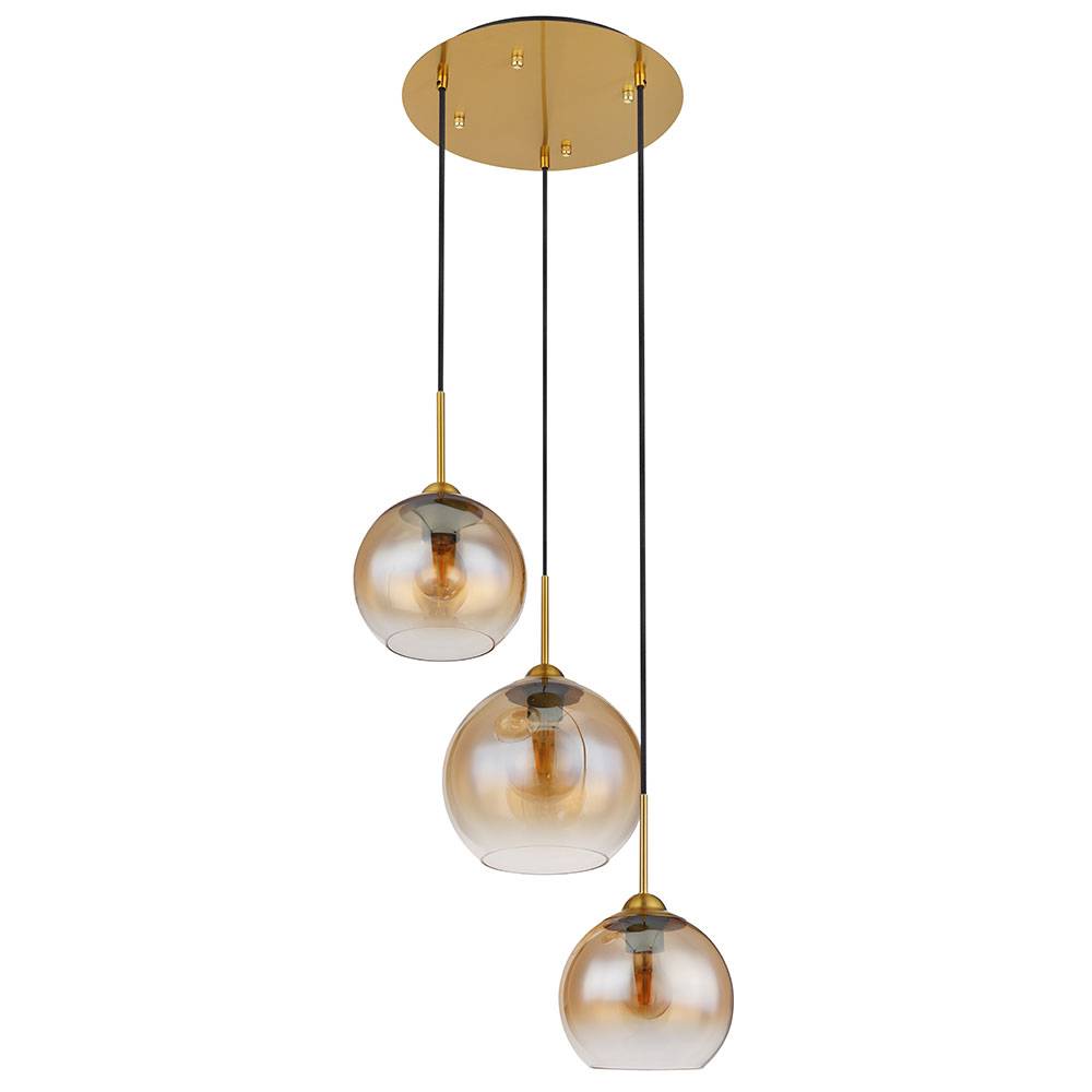 Hängelampe Wohnzimmer Pendelleuchte Esstischlampe 3 flammig, messing Glaskugel amber 3x E27, DxH 43x150 cm