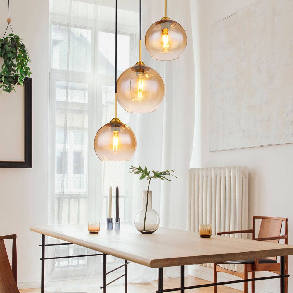 Hängelampe Wohnzimmer Pendelleuchte Esstischlampe 3 flammig, messing Glaskugel amber 3x E27, DxH 43x150 cm